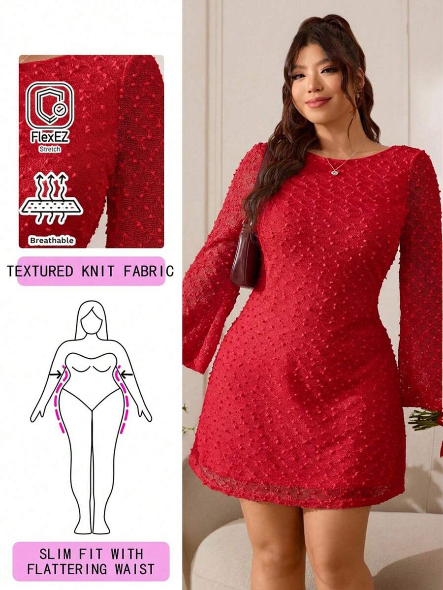 SHEIN EZwear Vestido mini de línea A con cintura ceñida, mangas largas acampanadas, espalda abierta, textura de punto elástico para uso casual, salidas, uso diario, fiestas, citas, cumpleaños, temporada de bodas del Día de San Valentín, primavera y verano 2026, talla grande, color rojo - Rojo - Ver 1