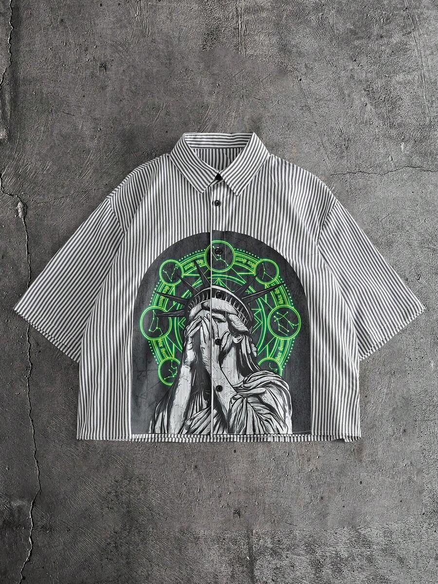 AXEPEAK Men's Striped & Graphic Print Button Front Casual Short Sleeve Shirt - Black and White - View 1