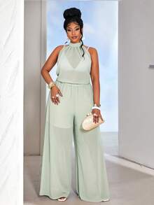 Maweii Plus Size Women's Light Green Sleeveless Top & Wide Leg Pants Two Pieces Set, Elegant Fit For Spring & Summer Office & Casual Outings - Mint Green - View 3
