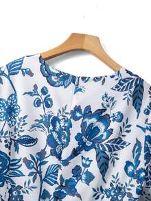GlowEve CURVE Regalyn Women's Elegant Floral Solid Notched Neck Short Sleeve Plus Size Midi Dress, Spring/Summer - Blue and White - View 6