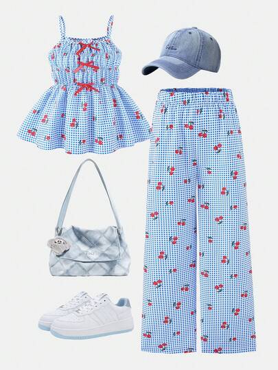 Sparklyn Girls Striped Bow Camisole Top And Straight Leg Pants Summer Vacation Outfit