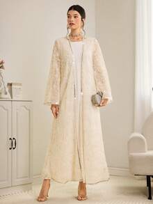 Al Najma Áo Abaya dài tay thanh lịch màu trơn phối sequin dành cho nữ - trắng - Xem 4