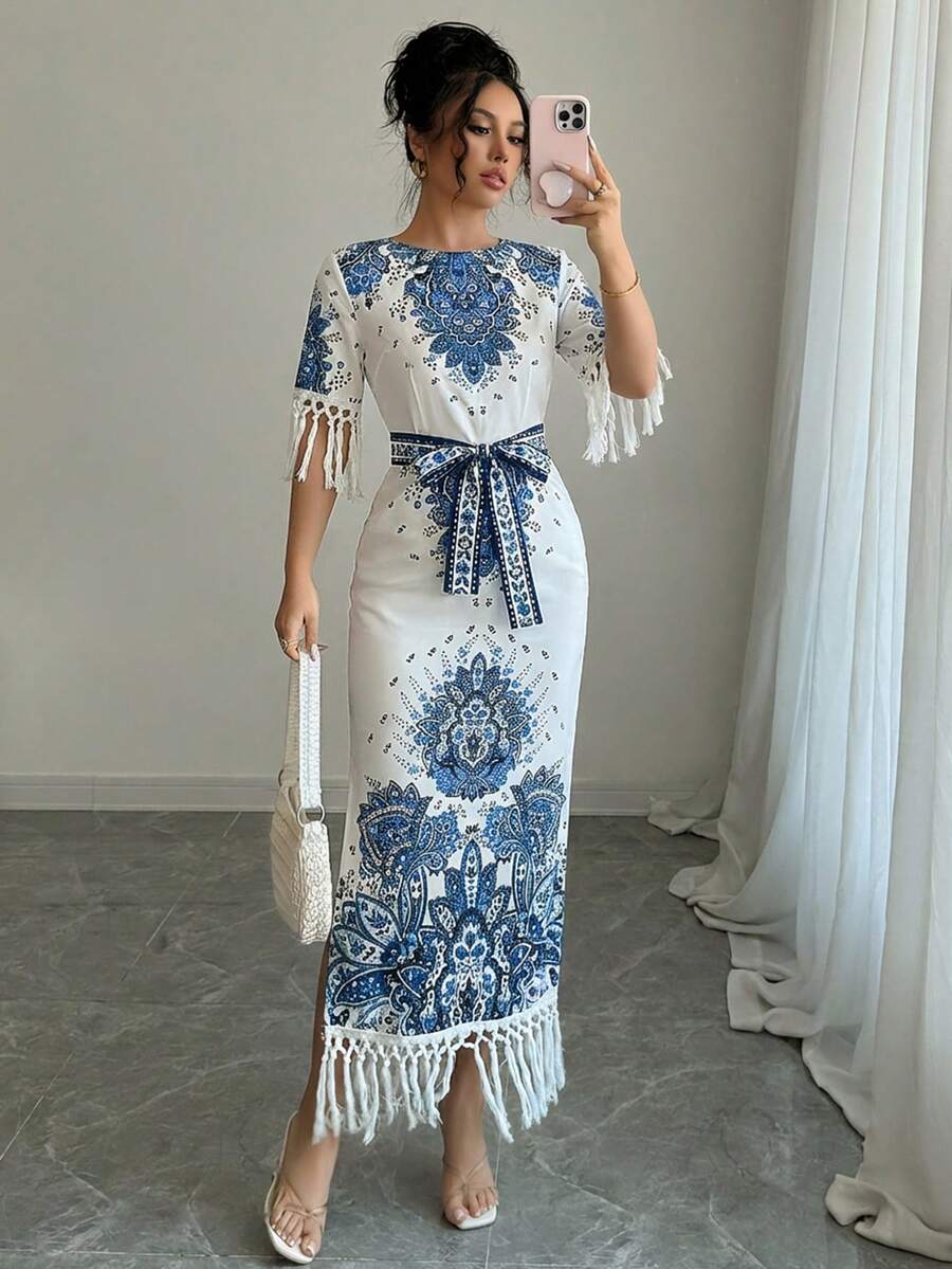 Rafferiza Đầm dài in họa tiết cổ tròn xẻ tà bên hông dành cho nữ - Màu xanh lam - Xem 1
