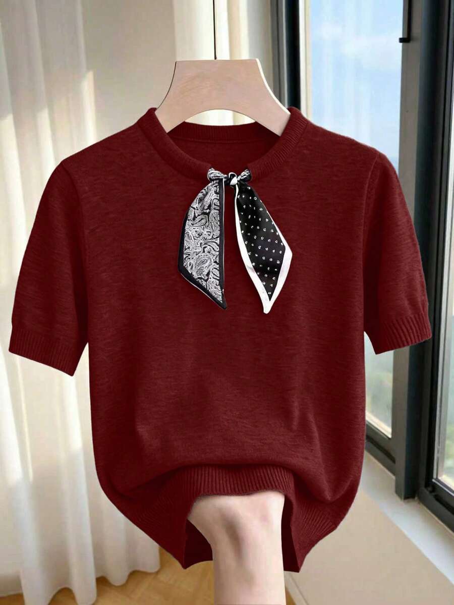 Franclia Burgundy,Autumn,Elegant,Office Casual Round Neck Short Sleeve Top,Paisley & Polka Dot Patchwork French Style Ribbed Trim Contrast Bow Collar Design - Red - View 1