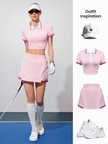 CourtClass Set de 2 piezas de conjunto deportivo de golf de verano con top de manga corta con ribete de contraste y minifalda para mujer - Multicolor - Ver 2