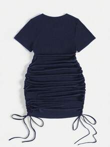 Rustia Plus Size Women's Summer Navy Blue Dress,Smart Casual Night Outfits Short Sleeve Drawstring Ruched Fitted Bodycon Shirred Solid Color Everyday Dress - Navy Blue - View 2