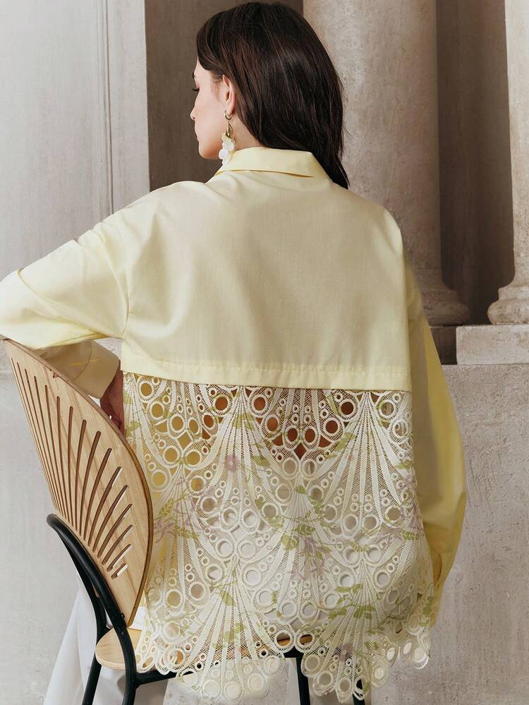 Anewsta Summer Vacation Casual, Water-Soluble Lace Hollow-Out Design Patchwork Fashionable Elegant Ladies Shirt