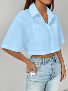 Chiquease Áo sơ mi nữ tay ngắn màu trắng trơn, dáng crop, phong cách thường ngày. - Màu xanh lam - Xem 6