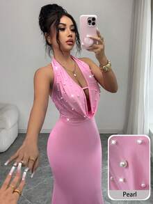 Modelyn Faux Pearl Decor Halter Neck Ruffle Back Tie Dress, Pink - Purple - View 6