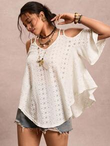 Freevana 大码休闲纯色露肩纹理T恤 - 米色 - 查看 5