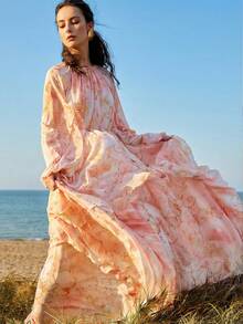 SHEIN X Scot Louie ZEYLAH Elegant Romantic Floral Print Flowy Ruffle Hem A-Line Dress, Spring/Summer - Baby Pink - View 8