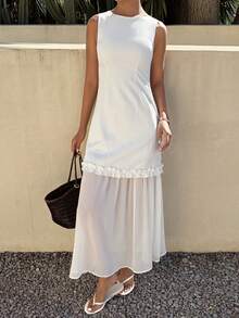 DAZY Women's Sleeveless Frill Trim Dress With Mesh Patchwork Sundress Summer - Ivory White - View 1