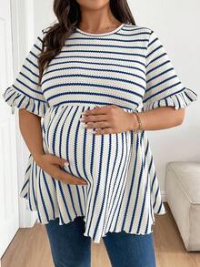 SHEIN Umstandsmode Große Größen Gestreiftes Rundhals Lässig Kurzarm Oberteil - Blau - Übersicht 3