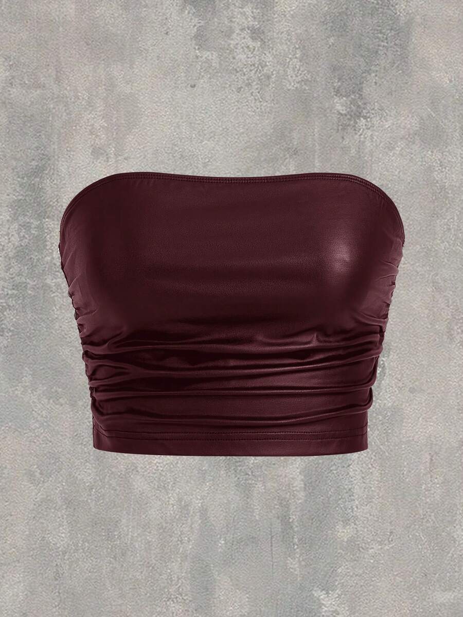 SHEIN EZwear 酒红色针织女式时尚PU抹胸上衣 - 酒紅色 - 查看 1