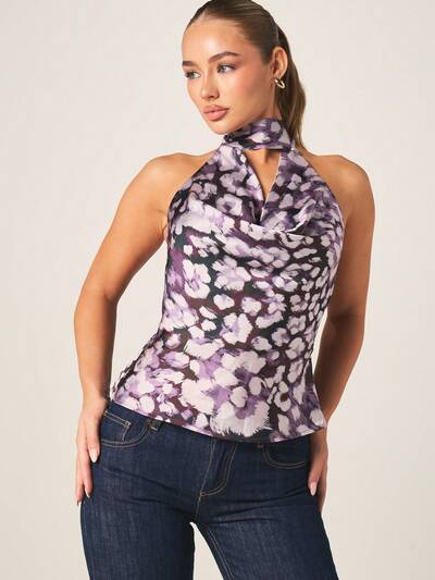 MISSGUIDED Satin Animal Print Cowl Neck Halter Top