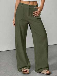 Women's Casual Versatile Washed Cotton Low Waist Straight Leg Pants - Army Green - View 1