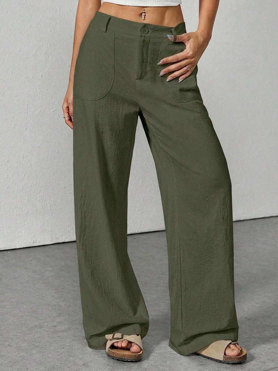 Women's Casual Versatile Washed Cotton Low Waist Straight Leg Pants - Army Green - View 1