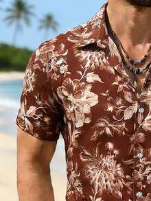 Manfinity RSRT Men's Printed Short Sleeve Shirt And Solid Color Shorts Set - Coffee Brown - View 3