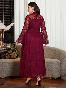 Modelyn Elegant Solid Color Lace Long Sleeve Cinched Waist A-Line Plus Size Dress, Suitable For Spring And Summer Fall - Burgundy - View 2