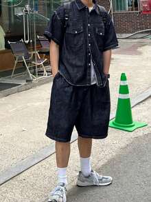DAZY Men's Navy Blue Denim Short Sleeve Shirt And Shorts Set, Summer - Blue - View 5