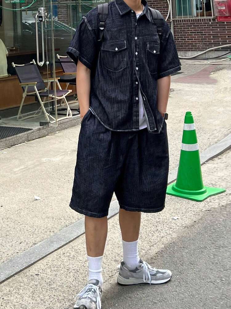 Men's Navy Blue Denim Short Sleeve Shirt And Shorts Set, Summer