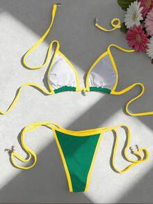 Swim Mod 2pcs/Set Women's Green Summer Gay Beach Holiday Swimwear,Contrast Shell Decor Halter Backless Triangle Top&Side Tie Bikini Bottom Resort Party Outfit - Multicolor - View 2