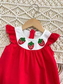 SHEIN Babygirl Elegant & Cute Strawberry Print Color Block Princess Dress Baby Summer Red Dress Red Baby Girl Dress Baby Girl Strawberry Dress Strawberry Dress Baby - Red - View 4