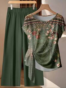 EMERY ROSE Plus Size Floral Print Batwing Sleeve Top And Pants 2 Pieces Set, Summer - Multicolor - View 6