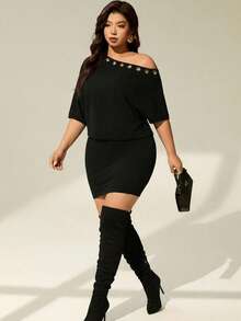 Auralis 女士大码夏季连衣裙。黑色休闲连衣裙，露肩连衣裙，单肩连衣裙。女士夏季连衣裙：休闲连衣裙，露肩连衣裙，黑色迷你连衣裙，外出连衣裙/短裙 - 黑色 - 查看 1