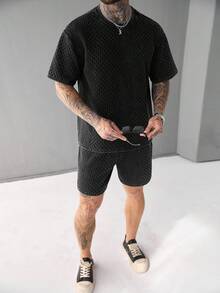 SLATEMANN Herren strukturiertes Crew-Neck Kurzarm T-Shirt und Shorts Lässig Set - Schwarz - Übersicht 3