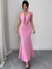 Modelyn Faux Pearl Decor Halter Neck Ruffle Back Tie Dress, Pink - Purple - View 7