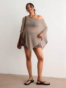 Freevana Áo dệt kim kiểu Bohemian cổ điển màu kaki khoét rỗng, tay cánh dơi rộng rãi, kiểu dáng thoải mái, thích hợp mặc hàng ngày. - Màu Khaki - Xem 6