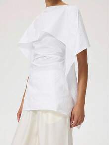 Aloruh Women's White Autumn Elegant Tea Party Round Neck Pleated Fashion Blouse Chic Casual Shirt Simple Stylish Office Modest Top Ruffled Top - White - View 4