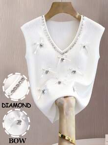 Qadelle Women's Fashionable Elegant Knitted Ribbed V-Neck T-Shirt With Rhinestones - White - View 6