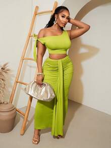 BamGleam 女士性感不对称露肩短款上衣和半身裙两件套，夏季 - 綠色 - 查看 1