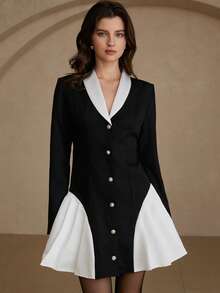 BELROSIE Abito blazer elegante e retrò in stile francese, con colletto Peter Pan, decorazione con bottoni di perle, vita svasata, vestibilità slim, manica lunga, lunghezza corta - Bianco e nero - Visualizzare 5