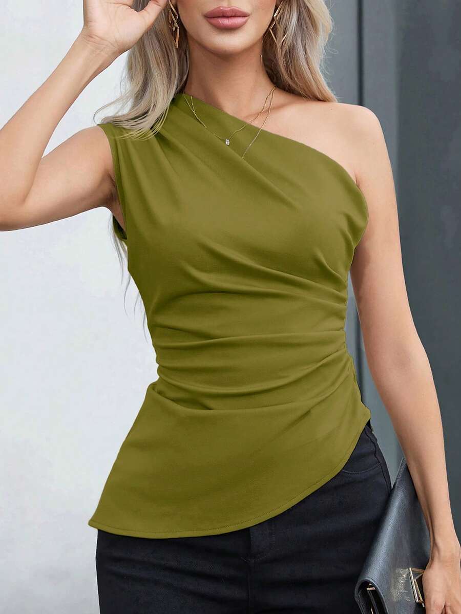 Aveloria Modichic 女款純色不對稱下擺百褶肩部時尚上衣 - 綠色 - 查看 1
