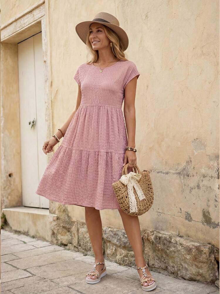 Women's Spring/Summer Solid Ruffle Hem Round Neck Short-Sleeve Dress,Pastel Dresses For Women