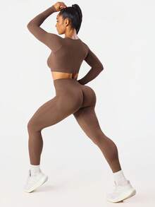 Seamluxe SHEIN Sport Women's Solid Color Long Sleeve Cropped T-Shirt And Leggings Sports Suit - Brown - View 2