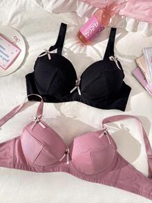 SHEIN 2pcs Plus Size Women Solid Color Cute Wireless Bra Set - Multicolor - View 1