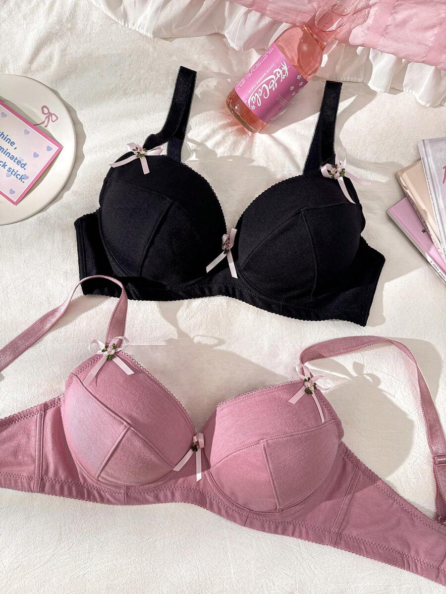 SHEIN 2pcs Plus Size Women Solid Color Cute Wireless Bra Set - Multicolor - View 1