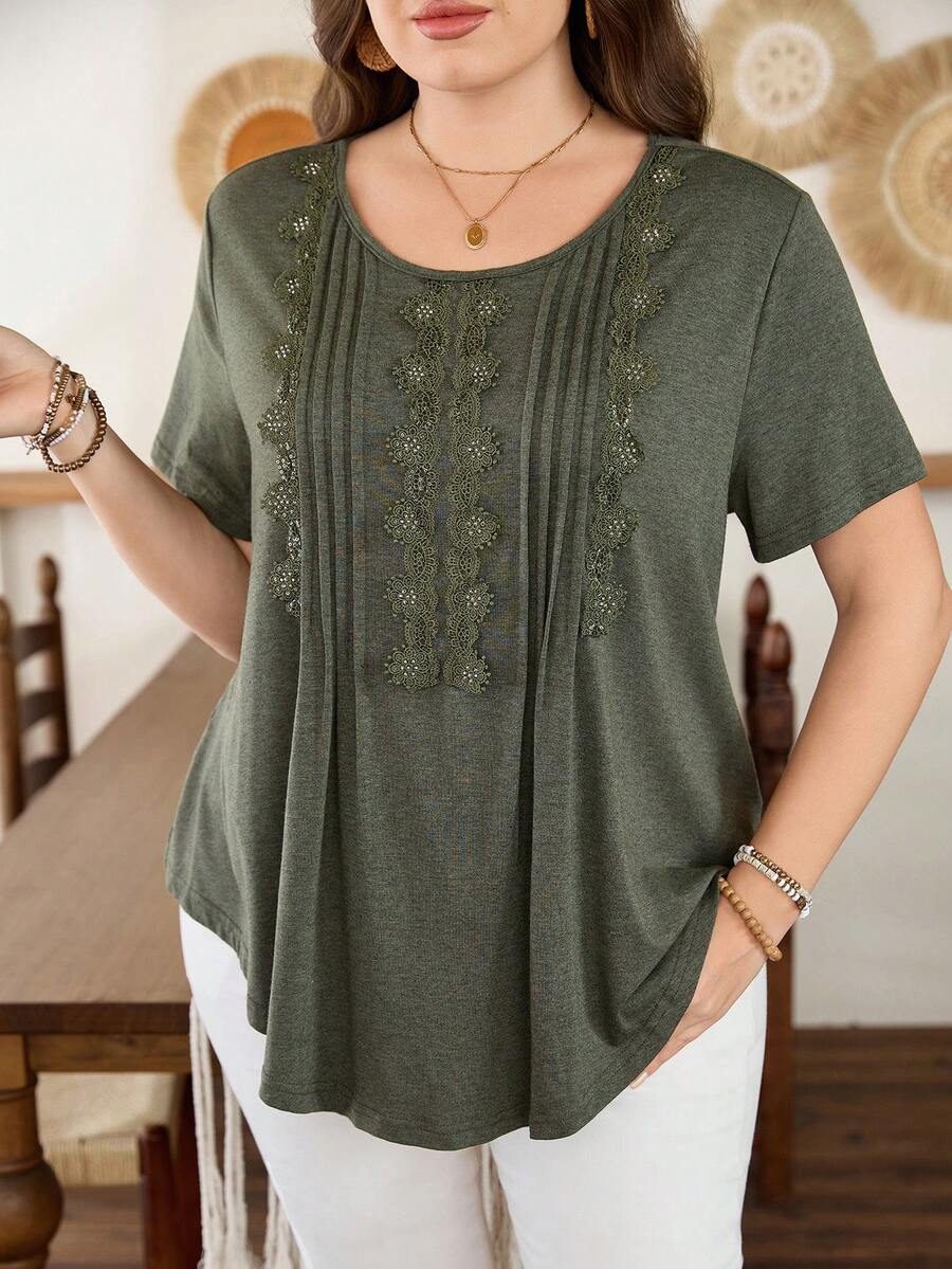 Lacomfia Casual Plus Size Army Green T-Shirt Round Neck Raglan Short ...