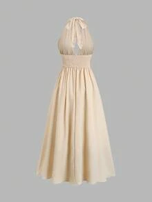 Sweetra Women's Apricot Elegant French Style V-Neck Chain Decor Long Dress, Spring/Summer - Apricot - View 2