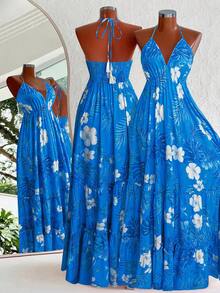 Franclia Plus Size Women Tropical Floral Print V-Neck Spaghetti Strap Tassel Maxi Dress, Suitable For Vacation, Beach - Blue - View 2