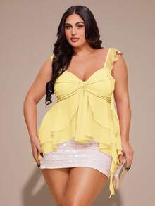 SHEIN BAE Plus Size Women Solid Color Sweetheart Collar Asymmetrical Ruffle Hem Camisole Top - Yellow - View 1