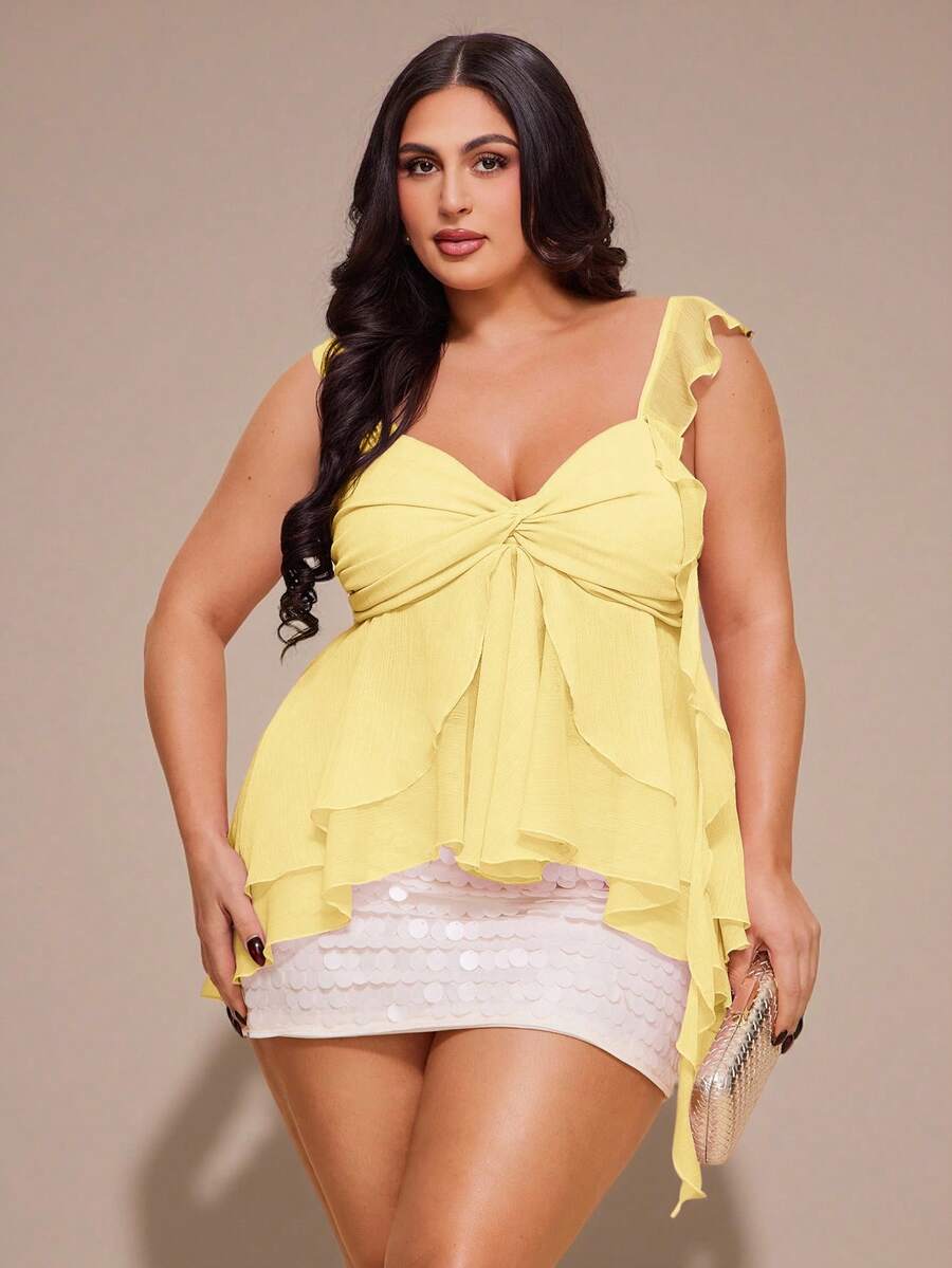SHEIN BAE Plus Size Women Solid Color Sweetheart Collar Asymmetrical Ruffle Hem Camisole Top - Yellow - View 1