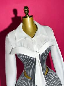 Mistrie Women's Contrast Stripe Lapel Casual Collegiate Long Sleeve Shirt - Grey - View 3
