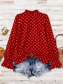 EMERY ROSE Plus Size Women's Polka Dot Basic Casual Long Sleeve V-Neck Blouse - Red - View 2