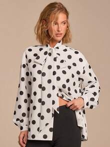 COSMINA Blouse élégante à manches longues et col ras-du-cou à pois pour femmes, polyvalente pour le travail, les sorties et les occasions, printemps - Noir et Blanc - Voir 4