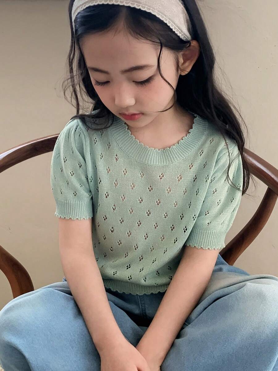 DAZY Áo len cổ tròn tay ngắn cho bé gái, trang phục mùa thu. - màu xanh lá - Xem 1